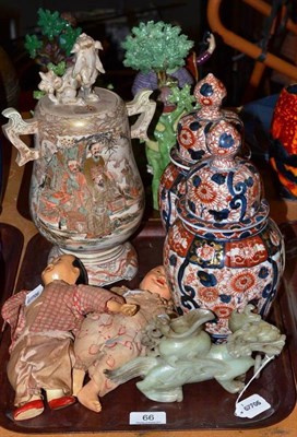 Lot 66 - Pair of Japanese Imari vases, a Japanese Satsuma vase, two dolls and a jade type dragon (6)