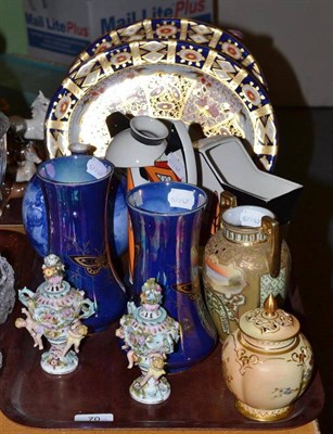 Lot 70 - Royal Worcester vase and cover, Royal Doulton vase, Noritake vase, pair of Crown Devon lustre...