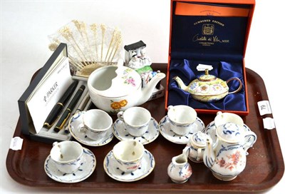 Lot 79 - Miniature tea service, three Parker pens, bone cocktail sticks, etc
