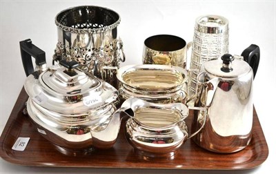 Lot 82 - A silver plated three piece tea service, bottle coaster, silver mounted vase, silver handled...