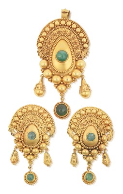 Lot 2248 - A Synthetic Emerald Brooch/Pendant and A Pair of Matching Earrings
