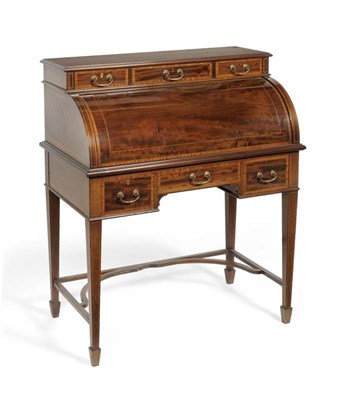 Lot 1250 - An Edwardian Mahogany and Satinwood Banded Cylinder Bureau, early 20th century, with three...