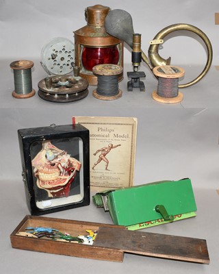 Lot 295 - Two fishing reels, microscope, anatomical head,...