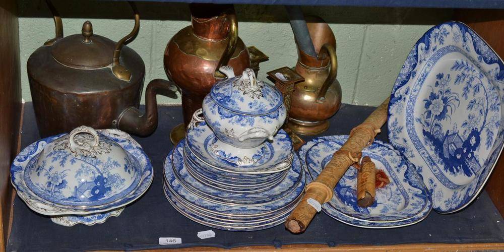 Lot 146 - Japanese short sword, blue and white dinnerware and assorted brass and copper