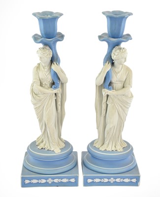 Lot 247 - A Pair of Wedgwood Jasper Figural Candlesticks,...