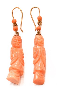 Lot 362 - A Pair of Carved Coral Drop Earrings, stamped '...