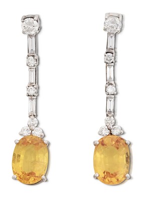 Lot 2315 - A Pair of 18 Carat White Gold Yellow Sapphire and Diamond Drop Earrings