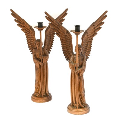 Lot 1245 - A Pair of Carved Oak Altar Angel Candlesticks,...