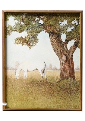 Lot 1004 - Neil Simone (b.1947) Grey horse grazing by a...