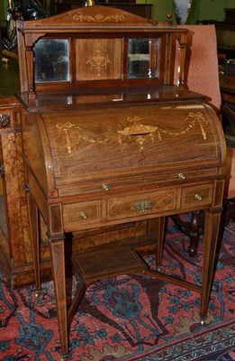 Lot 1255 - An Edwardian Rosewood Cylinder Bureau, early 20th century, with marquetry inlay of husks, urns...