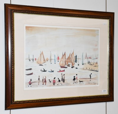 Lot 1076 - Lowry print, boats, number 597/850, 47cm by 60....