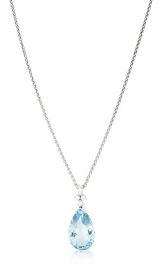 Lot 2305 - An 18 Carat White Gold Aquamarine and Diamond Pendant on Chain