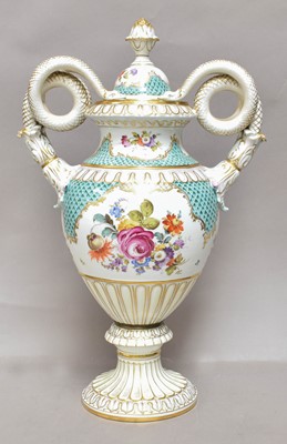 Lot 155 - A Dresden Snake Handled Pedestal Vase and...