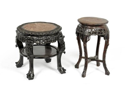 Lot 1257 - A Chinese Carved Padouk Wood and Marble Plant Stand, early 20th century, richly carved with prunus