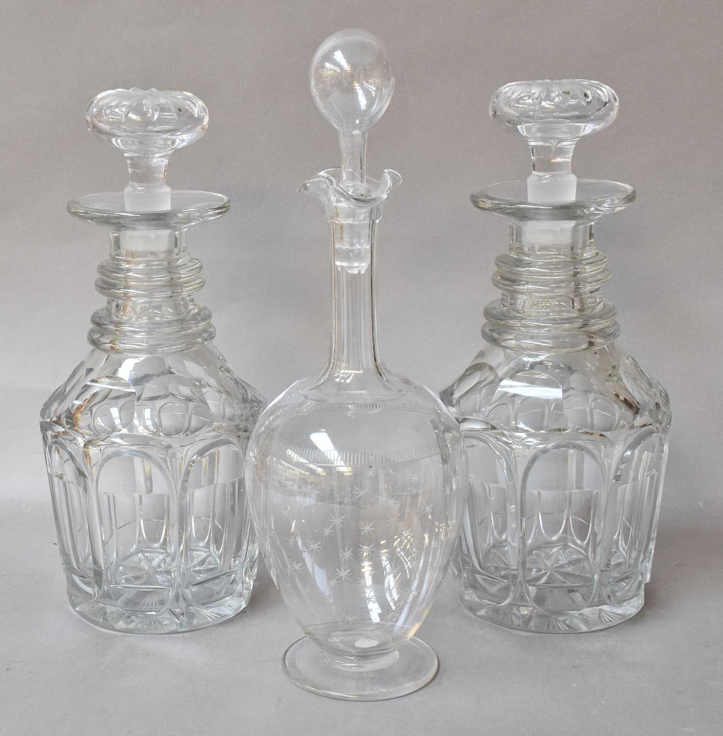 Lot 147 - A Pair of Glass Triple Ring Neck Decanters,...
