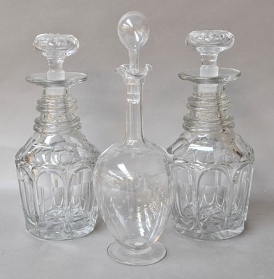 Lot 147 - A Pair of Glass Triple Ring Neck Decanters,...