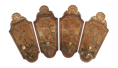 Lot 386 - A Set of Four Italian Parcel Gilt Walnut Wall...