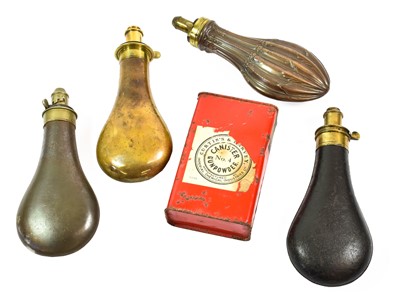 Lot 2426 - Four 19th Century Powder Flasks, one in copper...