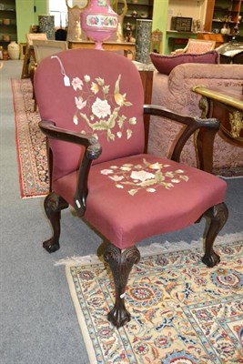 Lot 1266 - A George II Style Mahogany Open Armchair, late 19th century, re-covered in floral needlework...