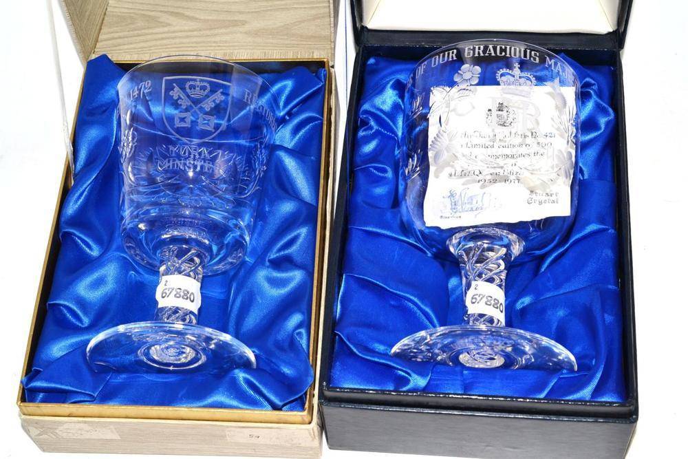 Lot 277 - A Stuart Crystal York Minster goblet, no.57, cased and a Stuart Crystal Royal Jubilee goblet,...
