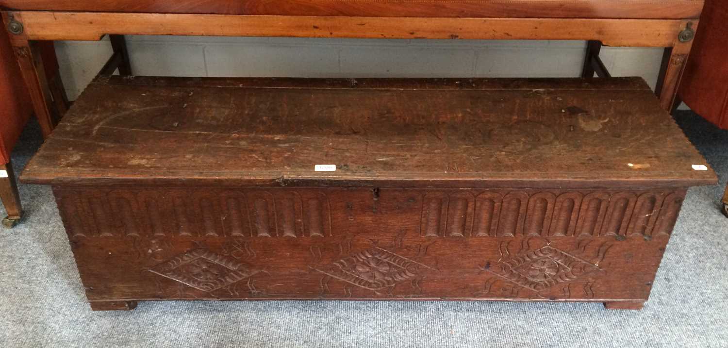 Lot 1208 - An 18th Century Oak Kist, with lozenge carving,...