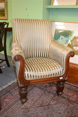 Lot 1270 - A William IV Mahogany Framed Library Armchair, circa 1830, upholstered in green and gold silk...