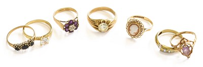 Lot 226 - Six 9 Carat Gold Gem-Set Rings, including a...