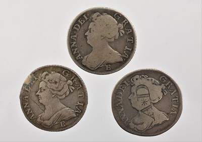 Lot 189 - 3 x Anne, Shillings comprising: 1708E(x2) obv....