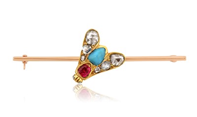 Lot 2364 - A Red Stone, Turquoise and Diamond Bar Brooch...