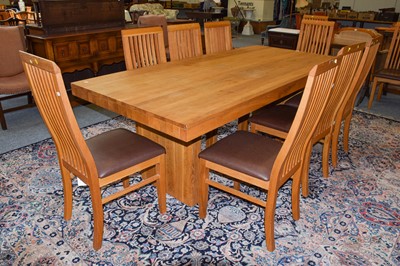 Lot 1320 - A Large Modern Oak Dining Table, on two block...