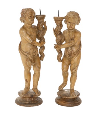 Lot 433 - A Pair of Carved Wood Figural Pricket...