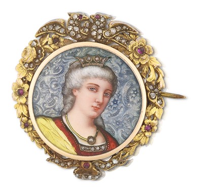 Lot 2340 - An Enamel, Diamond and Ruby Miniature Brooch