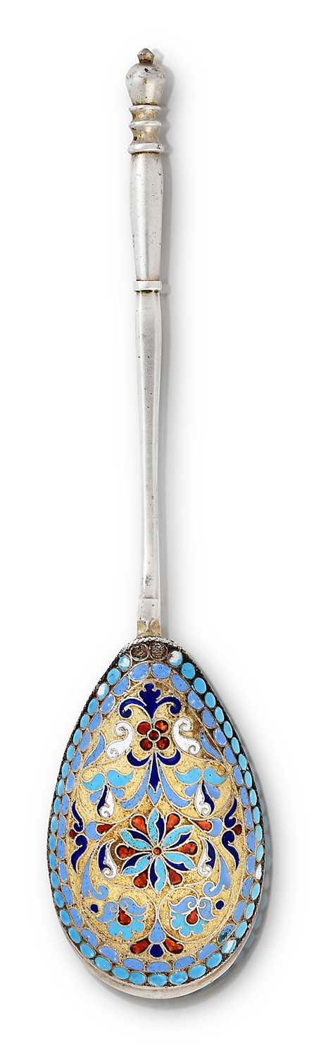 Lot 2041 - A Russian Silver and Cloisonne Enamel Spoon