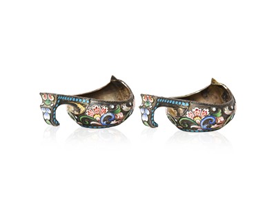 Lot 2045 - A Pair of Russian Silver and Cloisonne Enamel Kovsh