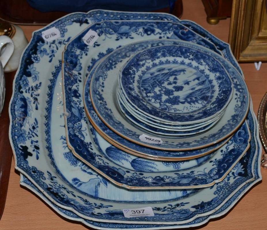 Lot 397 - A collection of 18th century Chinese blue and white including two large oval meat dishes,...