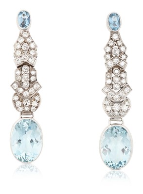 Lot 2308 - A Pair of Aquamarine and Diamond Drop Earrings