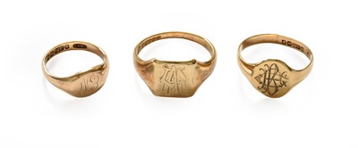 Lot 6 - Three 9 Carat Gold Signet Rings, finger sizes...