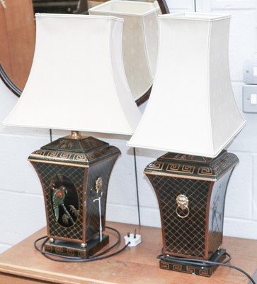 Lot 1142 - Pair of Modern Green Toleware Tablelamps,...