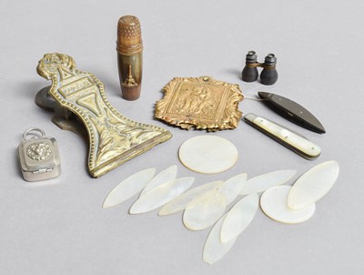 Lot 295 - Mother of Pearl Counters, brass letter clip, etc