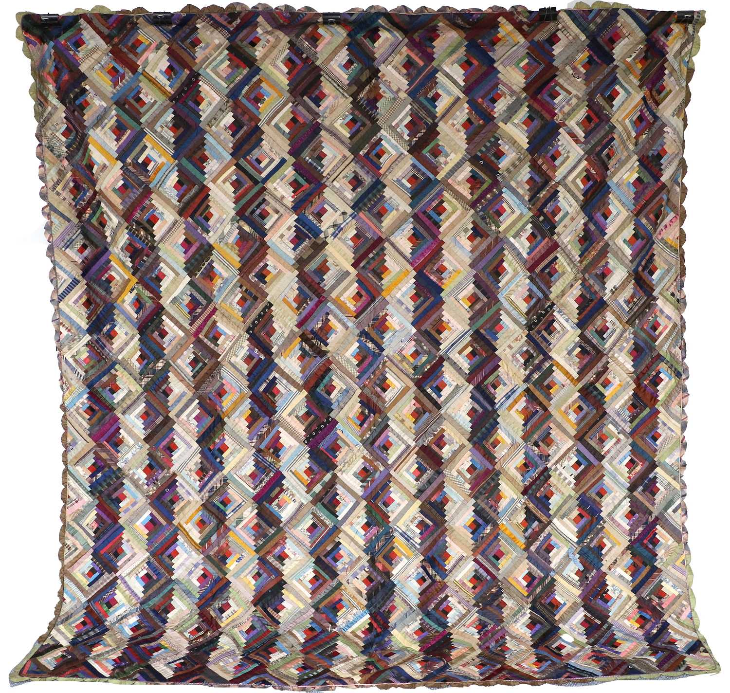 Lot 2139 - Circa 1890 Silk Log Cabin Quilt, incorporating...