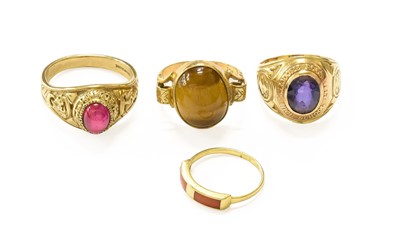Lot 50 - Four Gem-Set Rings Including, a synthetic ruby...