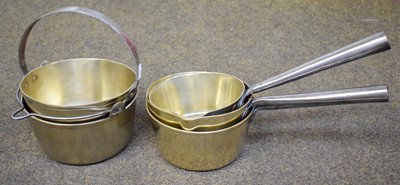 Lot 408 - Three Graduated Brass Saucepans and Two Jam...