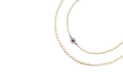 Lot 2392 - A Single Row Pearl Necklace, with A Ruby and...