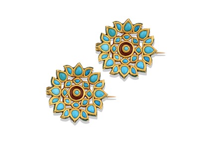 Lot 2399 - A Pair of Jaipur Enamel and Turquoise Brooches...