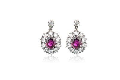 Lot 2385 - A Pair of Ruby and Diamond Cluster Drop...