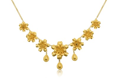 Lot 2295 - A Fancy Link Necklace seven graduated yellow...