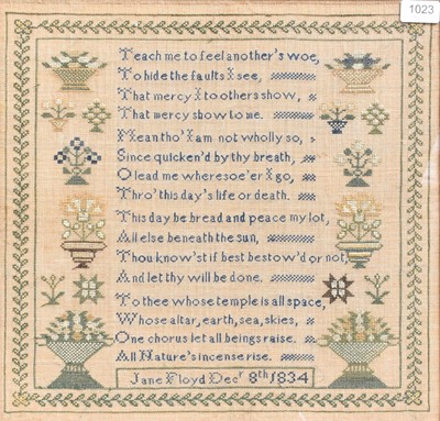 Lot 1023 - A Sampler Worked by Jane Floyd, December 8th...