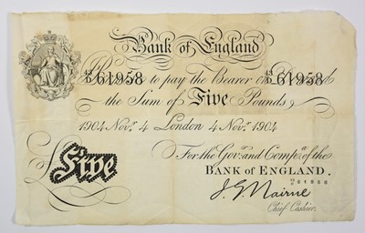 Lot 464 - Bank of England, White £5 1904, signed J.G....