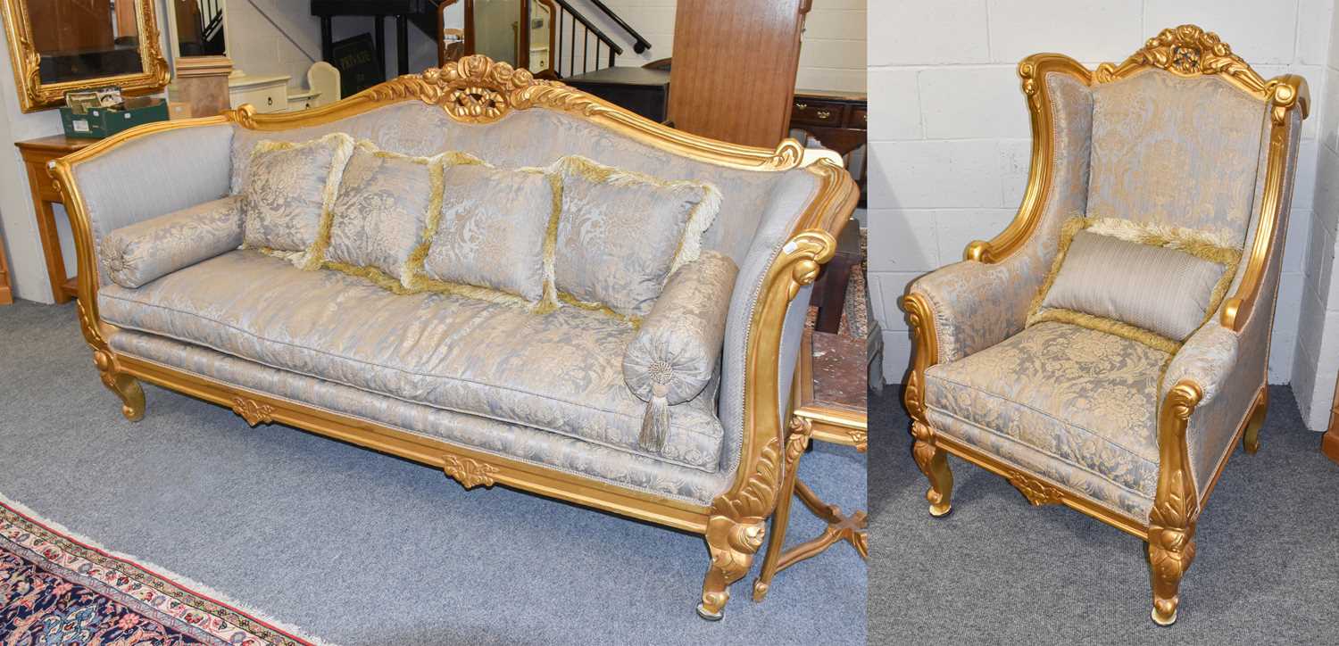 Lot 1122 - A Reproduction Gilt Wood Three Piece Suite,...