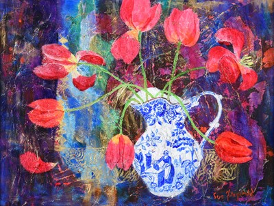 Lot 97 - Sue Fitzgerald (Contemporary) Tulips in a blue...
